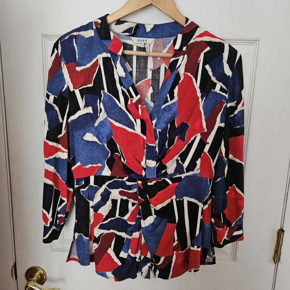 Abstract Patterned Blouse in Red, Blue, and Black